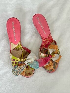 beverly feldman floral print scarf bow mule kitten heels!